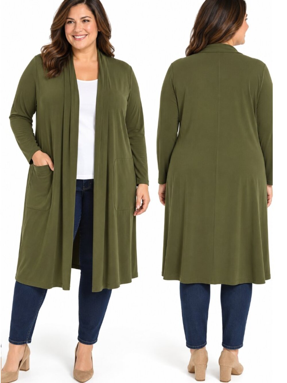 Susan Graver Liquid Knit Long Duster Cardigan Dark Olive Green 3XP NWOT
